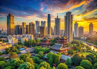 Obraz premium Chengdu's AI-crafted cityscape, a nostalgic print.