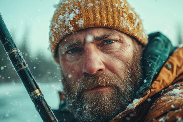 Mature caucasian male in snowy wilderness with fishing rod