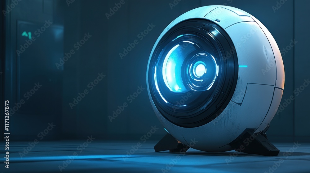 Poster a futuristic robotic sphere with a glowing lens, suggesting advanced technology.