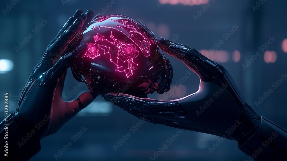 Poster robotic hands gently cradling a glowing orb with intricate circuitry.