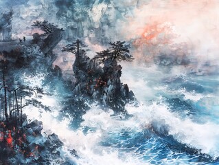 Chinese Watercolor Waves on Rocky Coast