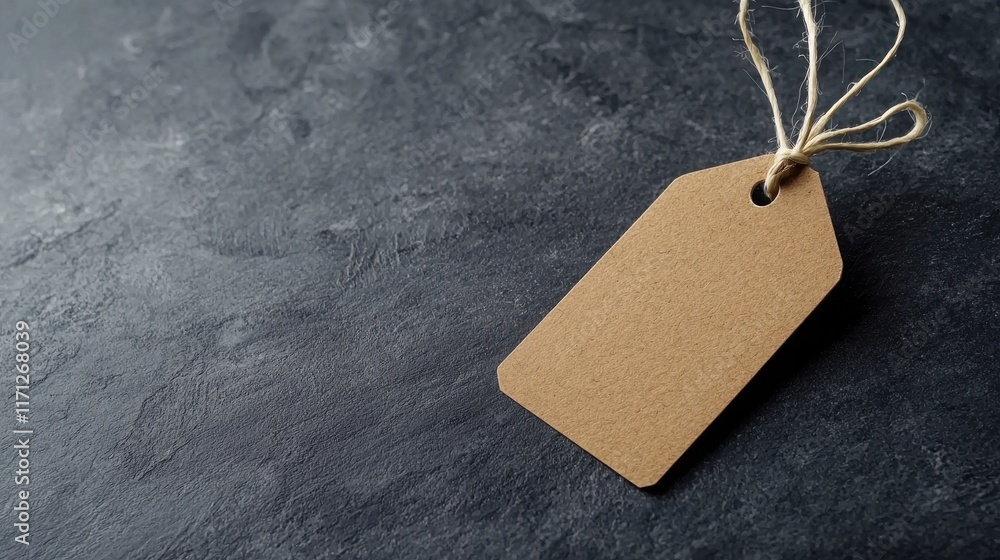 Poster hanging paper tag with minimalist design studio setting photography subtle textures close-up view br