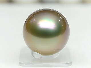 A stunning pearl gracefully arranged on a transparent display stand, set against a pristine white backdrop. The smooth, iridescent surface of the pearl is accentuated by the sharp focus and 
