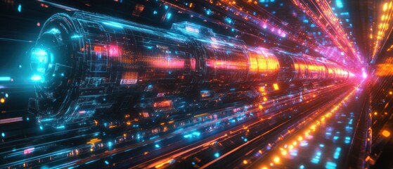 Fototapeta premium Futuristic train tunnel with vibrant neon lights.