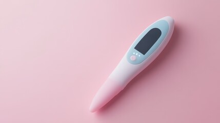 A digital thermometer on a pink background, designed for measuring body temperature.