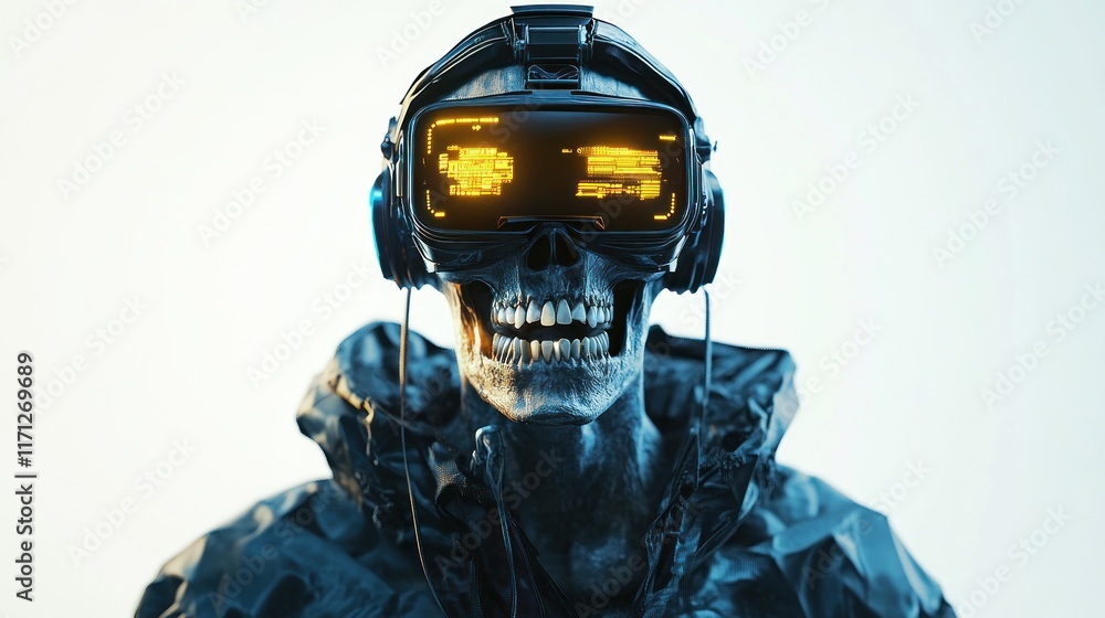 Poster a futuristic skeleton wearing vr goggles, emphasizing technology and digital interaction.
