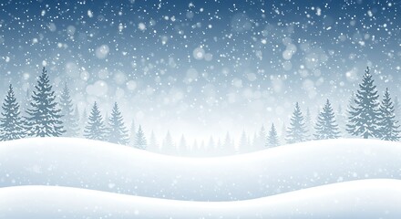 Fototapeta premium Winter Landscape with Snow Fields, Pine Trees, and Gentle Snowfall, Perfect for Winter Holidays, Greeting Cards, Seasonal Banners, and Scenic Winter Backgrounds