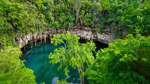 Cenote ik kil, turquoise water and lush vegetation in yucatan, mexico