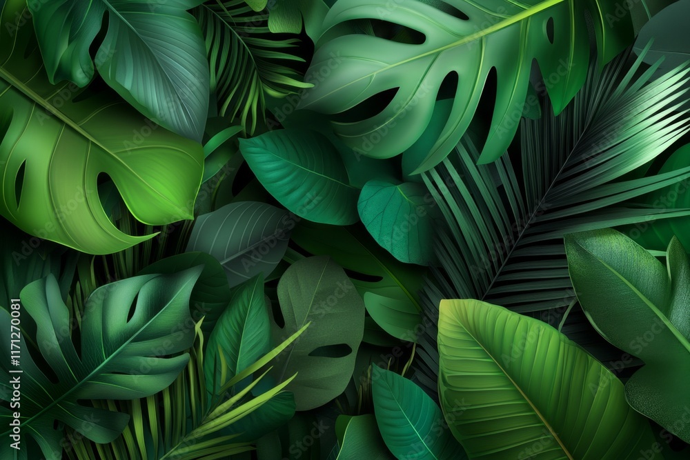 Poster a minimalist design of jungle leaves layered in abstract green shades, creating a simple and elegant