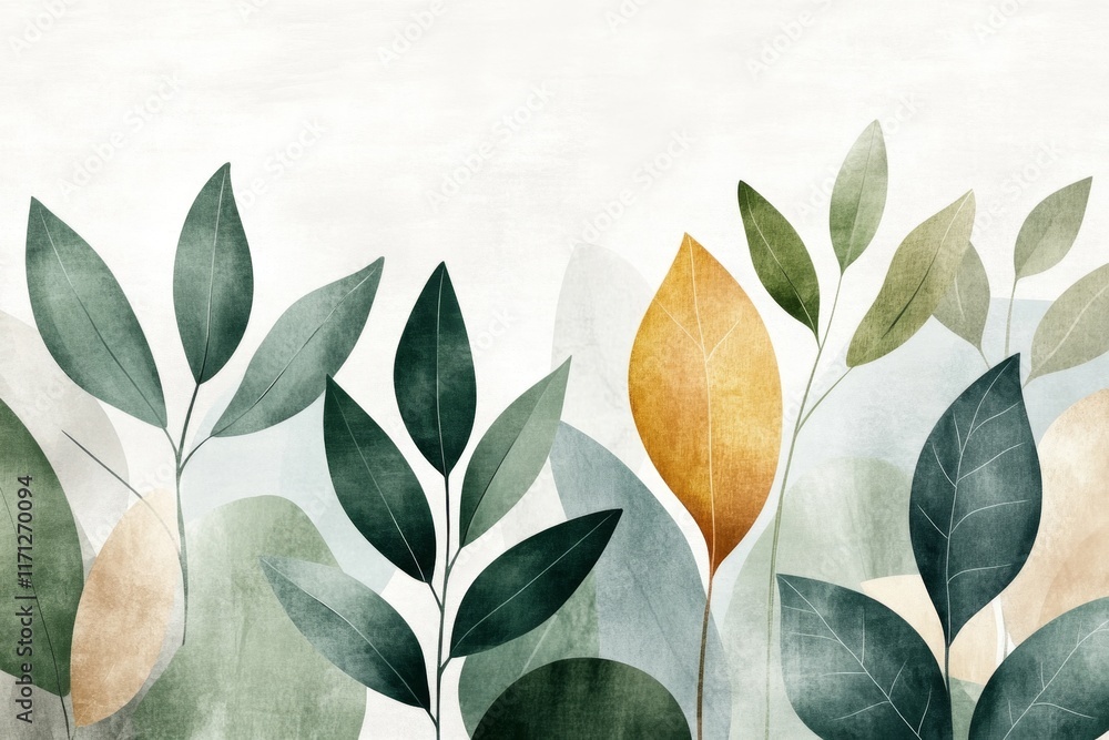 Poster a minimalist design of jungle leaves layered in abstract green shades, creating a simple and elegant