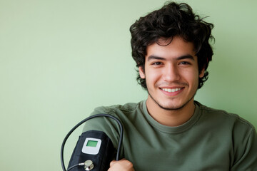 Young hispanic male checking blood pressure with monitor against green background