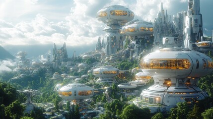 Futuristic city nestled in a green valley, featuring unique dome-shaped buildings and advanced architecture.
