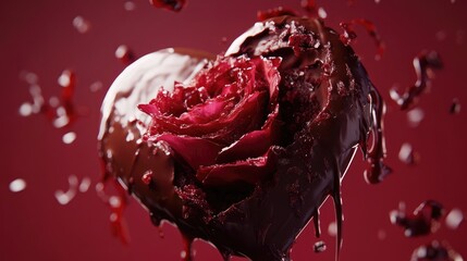 A time-lapse-inspired image of a rose blooming into a chocolate heart, with petals transforming into edible shapes