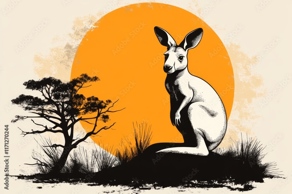 Poster a minimalist emblem featuring a kangaroo silhouette within a circle, styled in earthy tones and clea