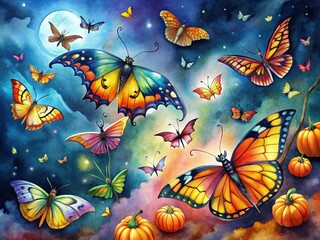Fototapeta premium Dark background, Halloween watercolor butterflies and bats.