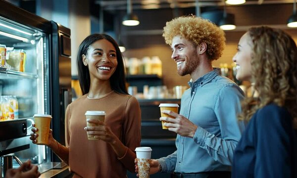 Office breakroom Colleagues grab coffee, chatting near snacks