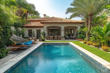 Fototapeta premium Small backyard with pool, outdoor dining area, hammock, palm trees, and Miami Beach style home with light brown roof on sunny day.