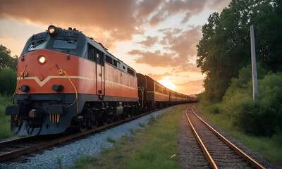 Obraz premium modern train on the railway with a sunset in the background