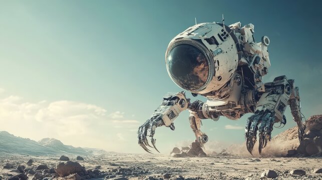 A Futuristic Mech Walks Across A Desolate Planet
