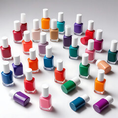 A collection of nail polish bottles in various colors, representing beauty choices, on a white surface.