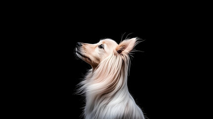 Naklejka premium Fluffy dog profile, studio shot, black background, pet portrait, website banner.