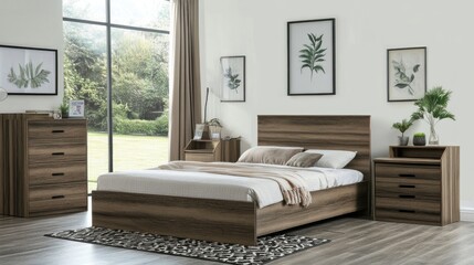 A photorealistic modern bedroom with a horizontal blank frame on the wall, perfect for displaying artwork, placed above a warm-toned wooden dresser.