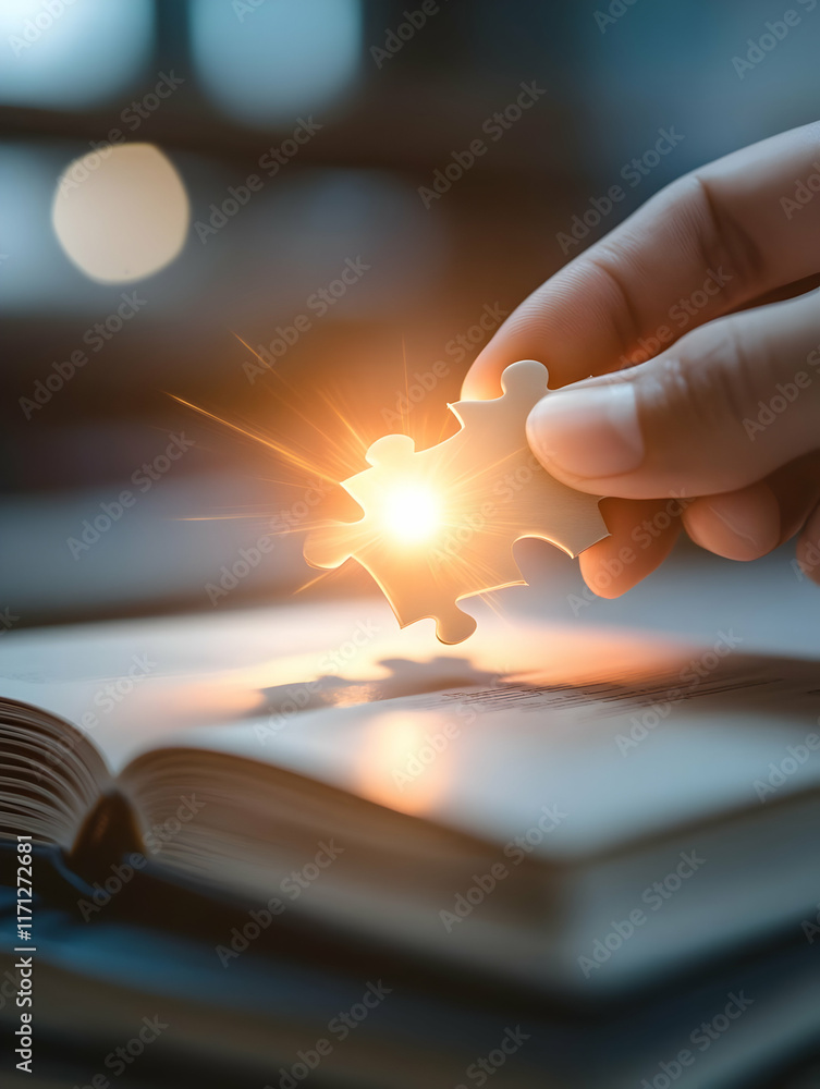 Poster hand placing puzzle piece on book; glowing; solution; teamwork; business concept; problem solving; s