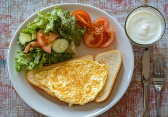Fresh and Healthy Breakfast with Omelette, Salad, Slices of Bread, and Yogurt on a Floral Tablecloth in Natural Light