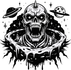 Space skull with planets and stars in monochrome cosmic art