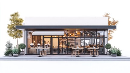 Modern cafe exterior design with large windows, outdoor seating, and minimalist architecture.