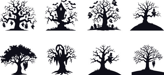 Minimalistic Haunted Tree Silhouette Vector Illustration in Bold Black with Classic Style Isolated on White Background