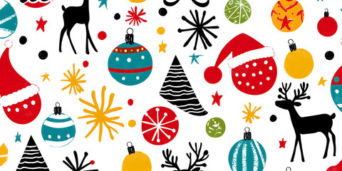 Bright and cheerful pattern featuring Santa hats, ornaments, and reindeer, perfect for festive decorations and holiday celebrations