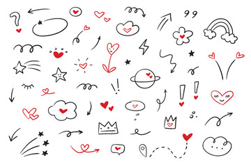Set of valentine doodle element vector.. Hand drawn collection simple elements with hearts isolated on white background.