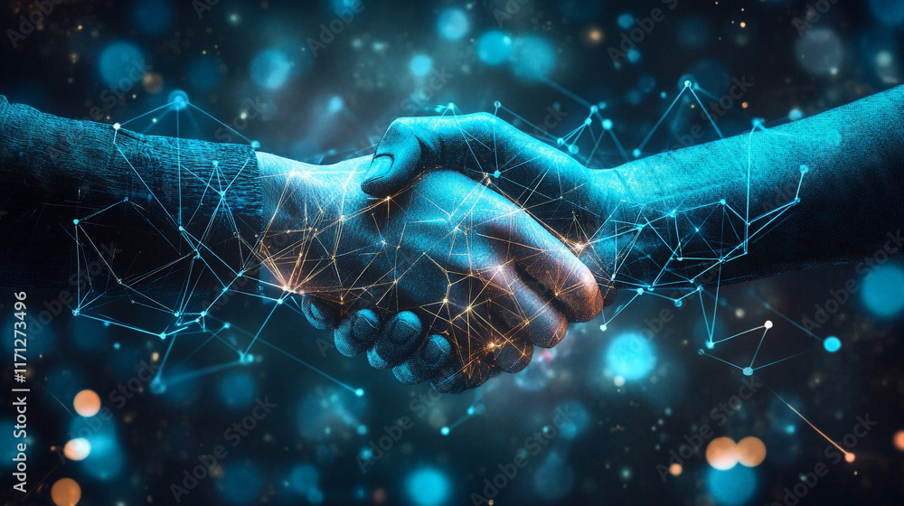 Poster Two hands shaking in a digital network representation signifying partnership and innovation