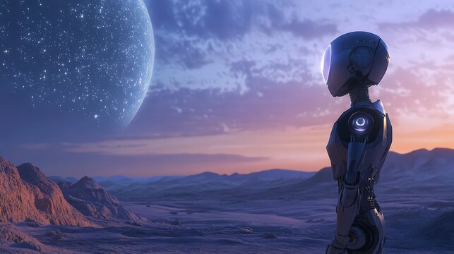 Robot Observing Alien Planet Landscape at Sunset