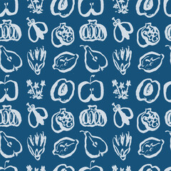 A whimsical seamless pattern combining wildflowers and fruit like lemons and pomegranates on blue background. The freehand ink drawings evoke a playful and unpretentious artistic vibe.