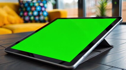This bright green tablet rests on a table in a chic living room, highlighting its versatility.