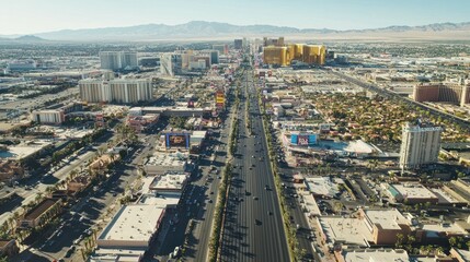 Aerial view of the Las Vegas Strip, daytime with clear skies, large hotels and resorts, wide streets 