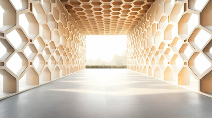 Geometric pavilion with honeycomb-patterned walls and a smooth concrete floor, set in a modern...