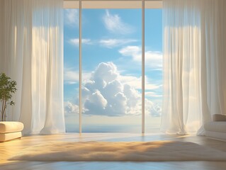 Sunlit modern room with floor-to-ceiling windows and sheer curtains offering a scenic view.