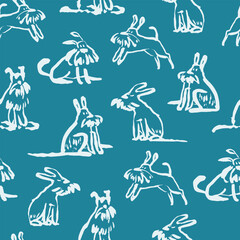 A seamless pattern of hand-drawn dogs in various poses, including sitting and running. The orange doodles on a textured background add a playful and whimsical touch.