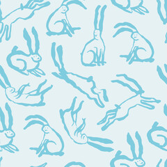A whimsical seamless pattern featuring rabbits in hand-drawn poses. The freehand ink drawings emphasize simplicity and playful creativity.