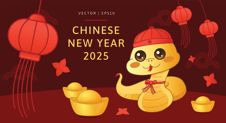Cute cartoon snake illustration celebrating Chinese New Year 2025, festive red and gold with traditional lanterns,  decorative elements symbol prosperity, luck, happiness. banners, greeting cards.