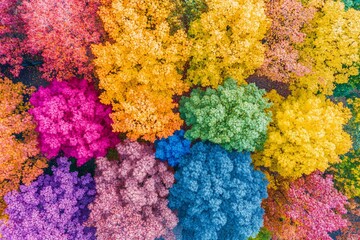 Vibrant rainbow forest aerial view, autumn foliage
