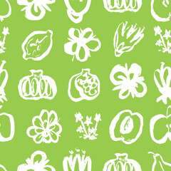 A decorative ink drawing with wildflowers and fruit forming a seamless repeat pattern. The raw, childlike style is perfect for textiles, wallpapers, and artistic designs.