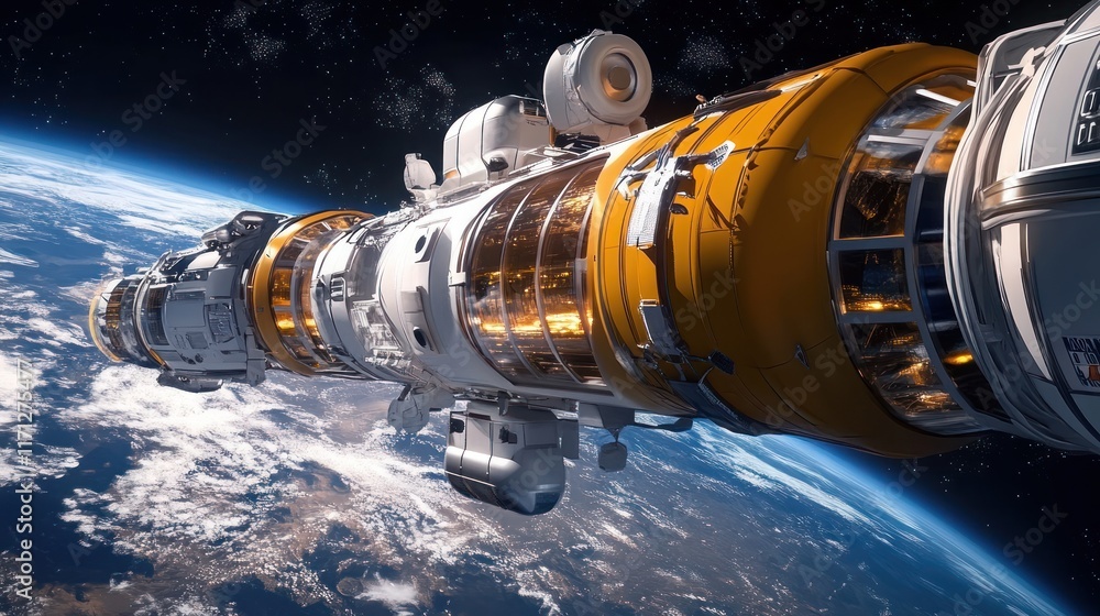 Poster a futuristic spacecraft orbiting earth, showcasing advanced technology and exploration.