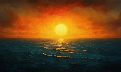 Obraz premium Vibrant ocean sunset with dramatic sky, ideal for backgrounds or wall art