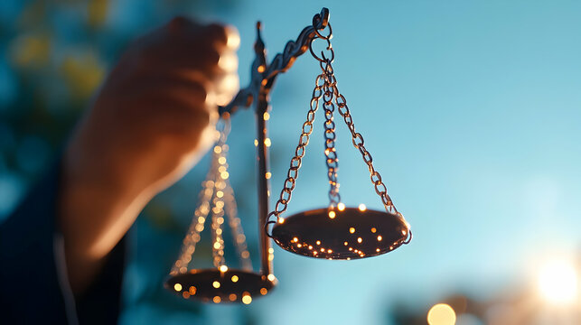 Hand holding scales of justice, sunset background, legal concept, website banner