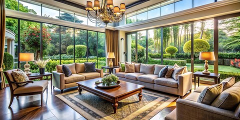 Fototapeta premium Exquisite garden view living room, luxurious detail, AI artistry.