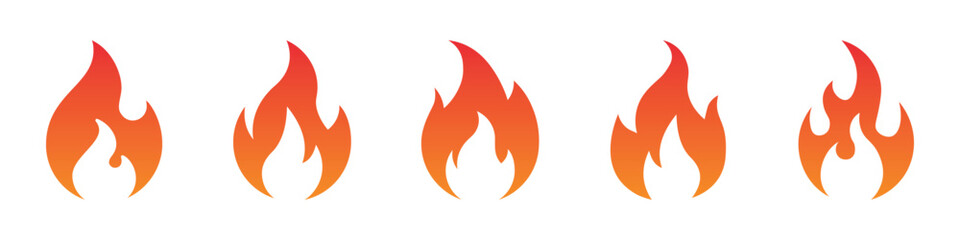 A fire flame icon set featuring various flame-related symbols. Includes a black flame icon, fire symbol in glyph style, fireball sign, campfire symbol, and flame vector illustrations.